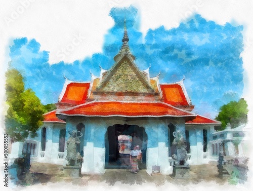 Wat Arun temple ancient Thai architecture in Bangkok watercolor style illustration impressionist painting.