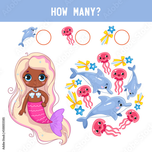 How many fish, dolphins and jellyfish lie next to a little dark-skinned cute mermaid girl with a pink tail. Counting educational children's game, children's math worksheet. Cartoon color vector.