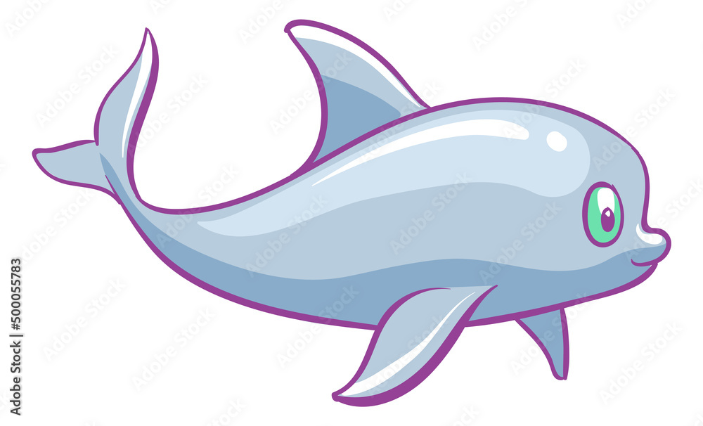 Dolphin character. Friendly shiny animal in cute cartoon style Dolphin character. Friendly shiny animal in cute cartoon style