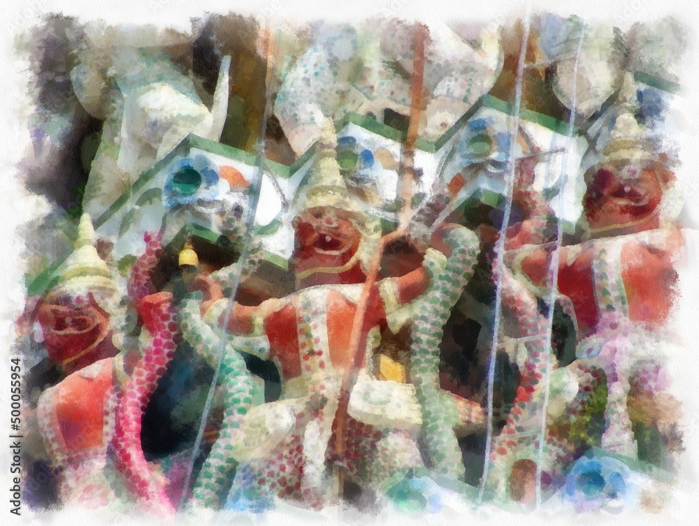 Fototapeta premium Wat Arun temple ancient Thai architecture in Bangkok watercolor style illustration impressionist painting.