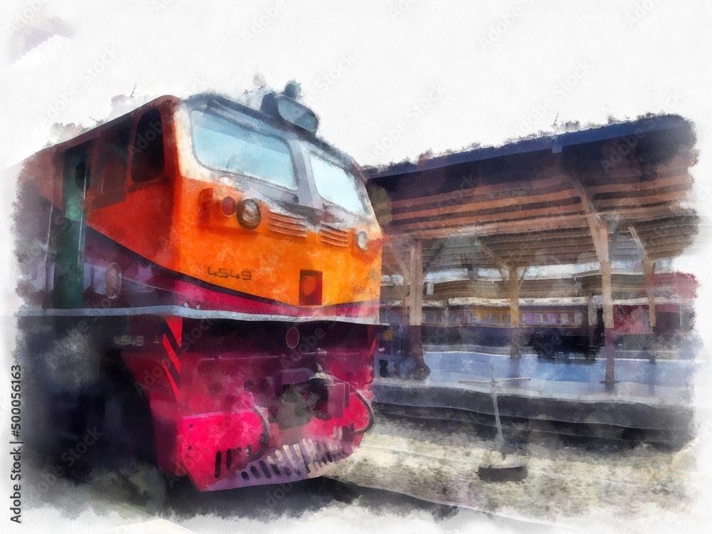 Thai train watercolor style illustration impressionist painting. Thai train watercolor style illustration impressionist painting.