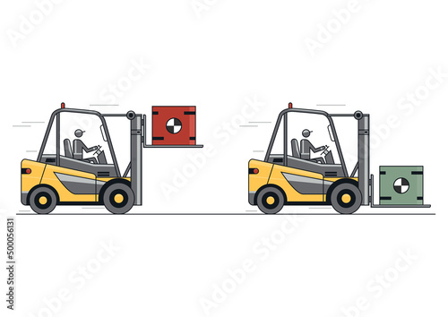 Carry the load low. Flat line vector design of forklift with operator and load.