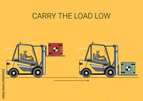 Carry the load low. Flat line vector design of forklift with operator and load.