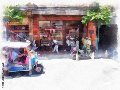 landscape of city streets in bangkok thailand watercolor style illustration impressionist painting. © Kittipong
