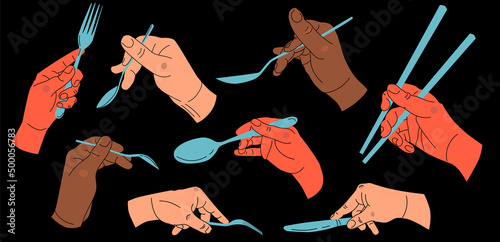 Set of Colorful Hands holding cutlery. Hands with fork, knife, tablespoon, teaspoon, Chinese chopsticks. Different gestures. Hand drawn vector illustration isolated on black background.