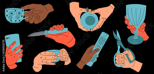 Big set of Colorful Hands holding stuff. Different gestures. Hands with cup, demitasse, scissors, mobile phone, wine glass, knife, TV remote. Hand drawn vector illustration on black background