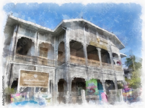 Landscape of ancient abandoned wooden buildings in Bangkok watercolor style illustration impressionist painting. © Kittipong