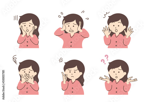 若い女性のシンプルなイラストセット_B02【ロングヘア／表情】