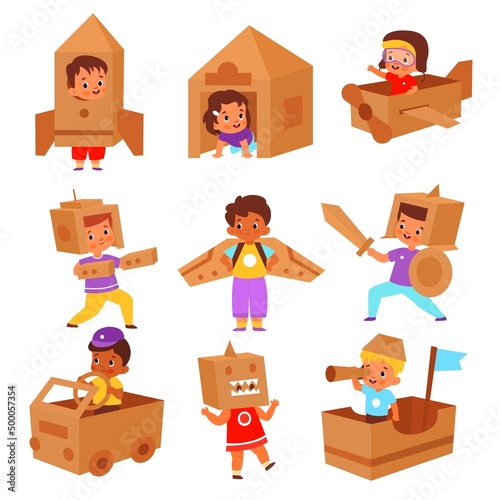 Kids cardboard boxes. Cartoon children characters make cardboard objects, plane with pilot, house and ship, imagination development, boys and girls in handmade costume vector isolated set