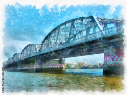 Landscape of the iron bridge over the river watercolor style illustration impressionist painting.