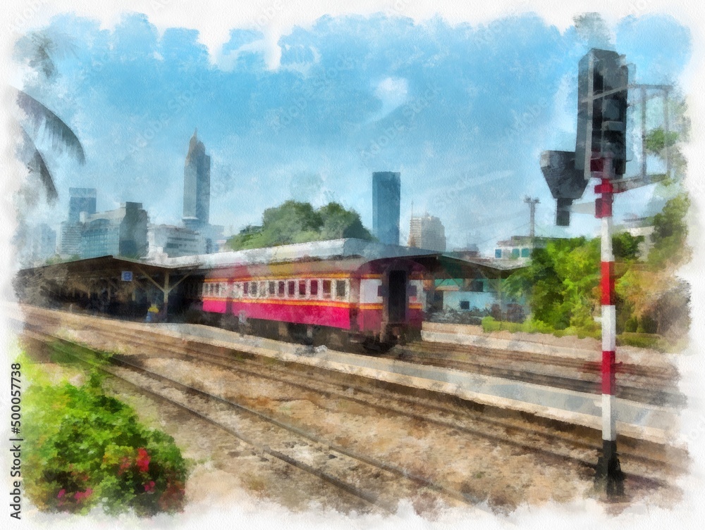 Thai train watercolor style illustration impressionist painting.