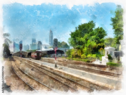 Thai train watercolor style illustration impressionist painting.