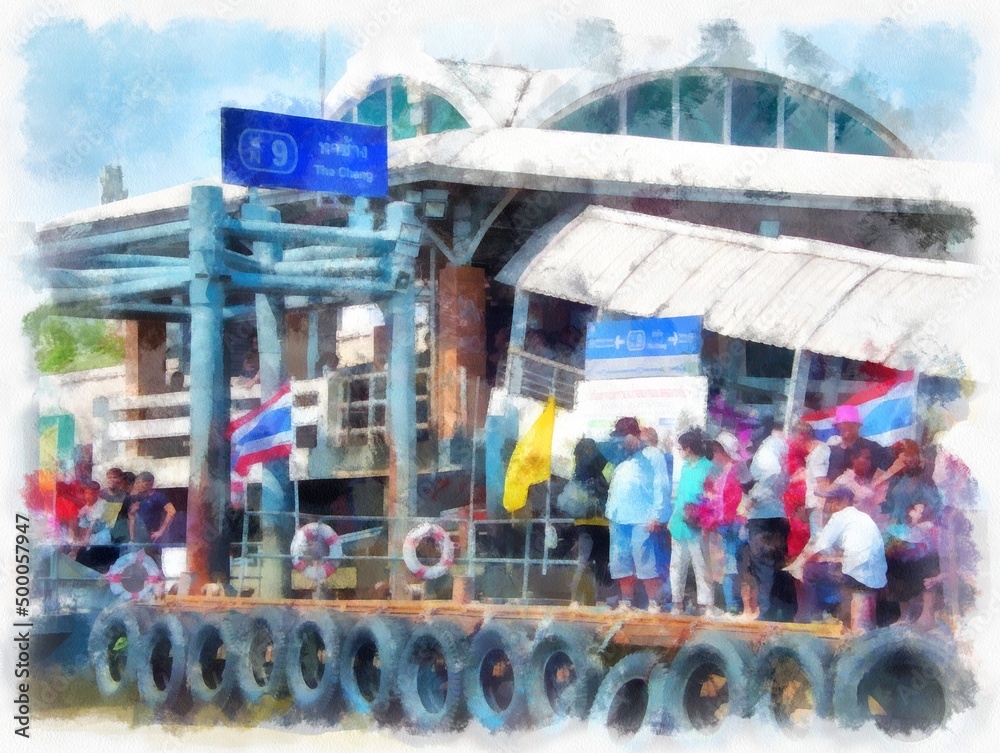 Fototapeta premium Landscape of the bank of the Chao Phraya River in Bangkok Impressionist style watercolor painting