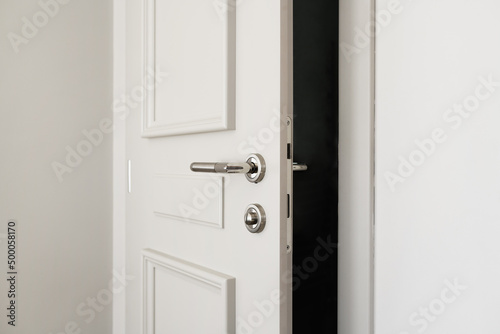 White bathroom door slightly open or left ajar photo
