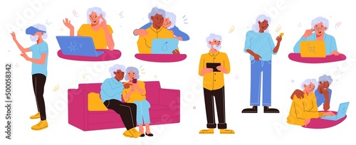 Modern senior people gadgets. Happy elderly characters with different devices, older generation mastering technologies, grandparents hold smartphone, laptop and virtual glasses vector set