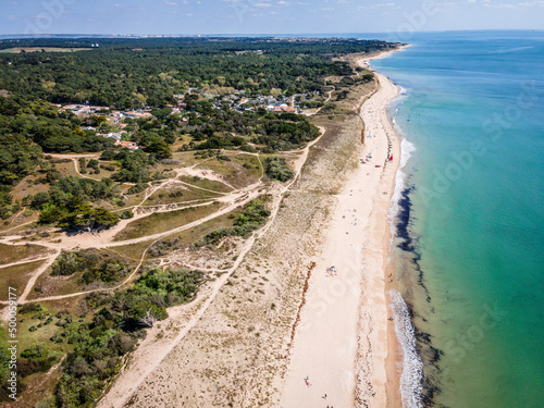 Fototapeta Naklejka Na Ścianę i Meble -  Aerial drone shot of white sand beach of Les Gros Jonc in Le Bois Plage en Ré on island of Re France