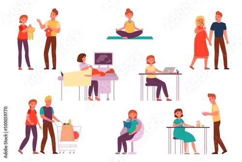 Pregnant woman with husband. Cartoon young family waiting for child, expectant parents ordinary day, husband takes care his wife, parenthood and pregnancy concept, vector isolated set