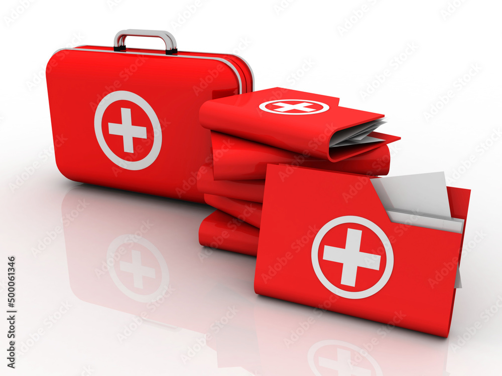 3d illustration hospital folder and  First aid kit 