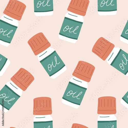 Essential oil in bottle seamless pattern, flat vector illustration on beige background. Concept of aromatherapy and skin care. Great for wrapping paper. Beauty product and dermatology concept.