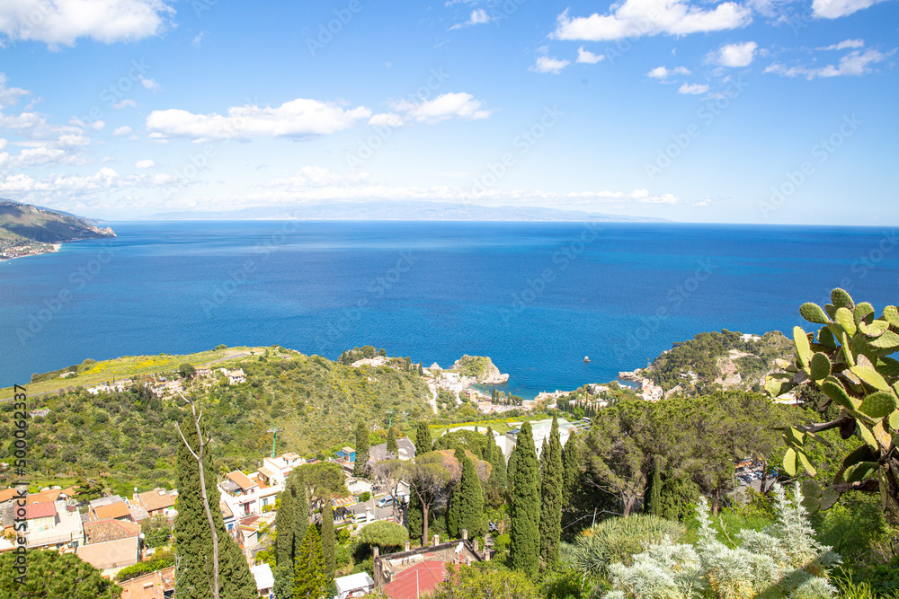 Mediterranean sea beautiful view in Taormina, Sicily island, Italy. Beautiful sunny day. 