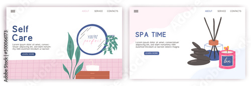 Self care and spa time landing pages set, flat vector illustration on white background. You are beautiful motivational quote on mirror. Wllnes objects - aroma diffuser, massage stone and candle.
