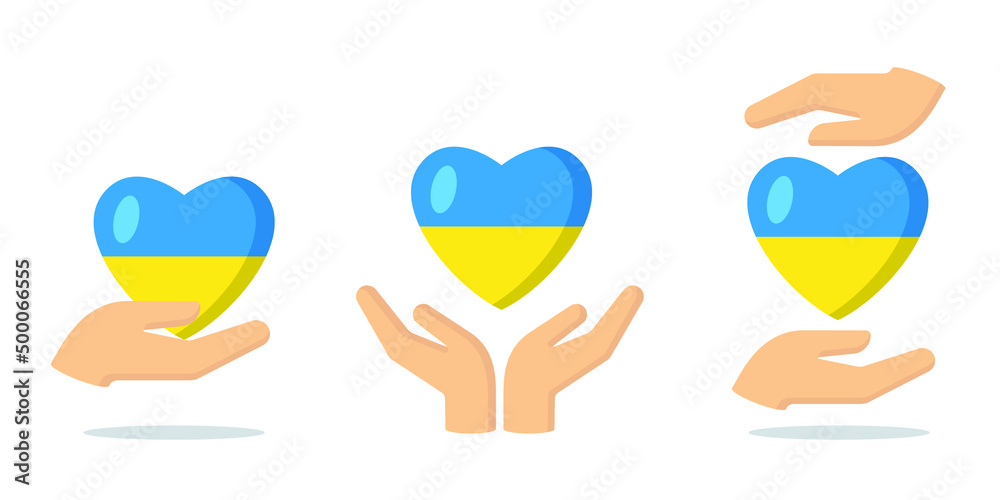 Vector icons of hands holding heart with Ukrainian flag in it. Flat design. Vector icons of hands holding heart with Ukrainian flag in it. Flat design.