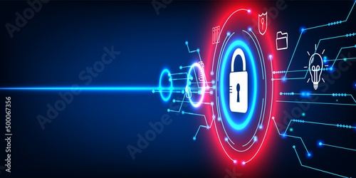 Data security concept with padlock and cyber connection link. Technology Global Network Digital Data Protection Background.