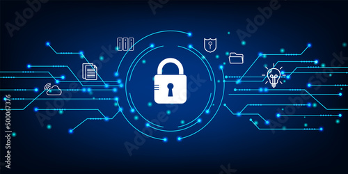 Data security concept with padlock and cyber connection link. Technology Global Network Digital Data Protection Background.