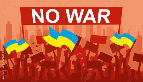 Say no to war. Illustration of peace in Ukraine. Destroyed city background. Stop war and military attack in Ukraine poster concept.