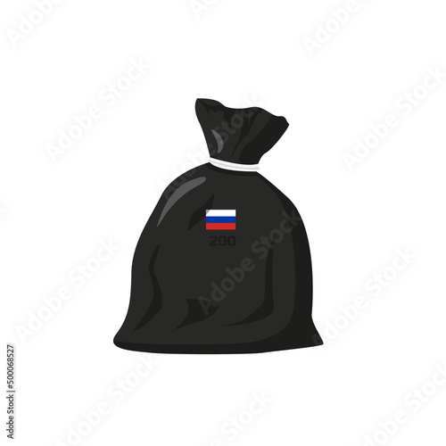 Garbage black bag with a dead russian soldier. Russion flag icon, cargo 200. Flat vector isolated