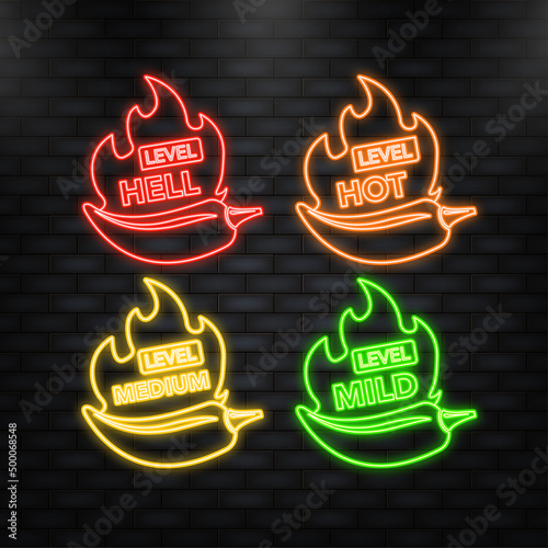 Neon Icon. Hot pepper strength scale indicator with mild, medium, hot and hell positions. Chilli level. Vector illustration