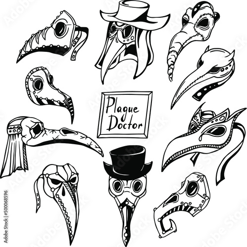 Doctor Plague vector mask set. Tattoo, Halloween design and decor elements, stickers. Highly detailed and accurate lines for print or engraving