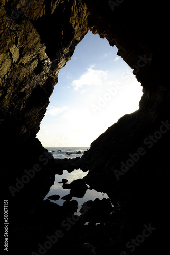 The Korrigan cave on the granit coast of le Pouliguen. Autumn, France.