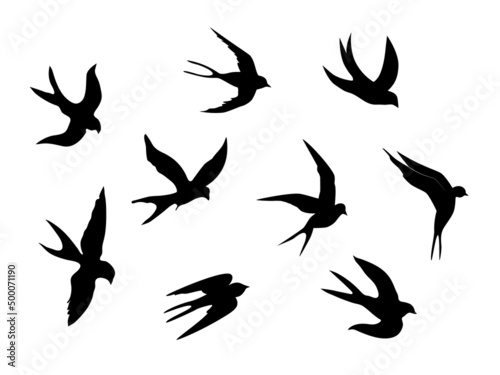 Swallows. Black silhouette on a white background. Silhouette of a swarm of swallows. Black contours of flying birds. Flying swallows. Tattoo vector illustration isolated on white background.