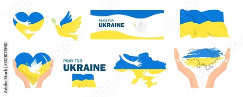 War in Ukraine set. Russia attacked Ukraine. Stop war. Pray for Ukraine. vector