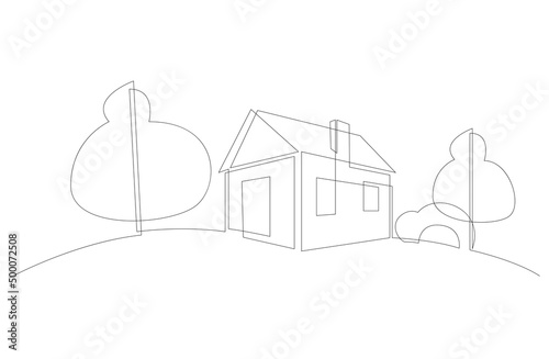 Abstract country house drawn by continuous line. Family home minimalist linear design. Vector illustration. Black on white.