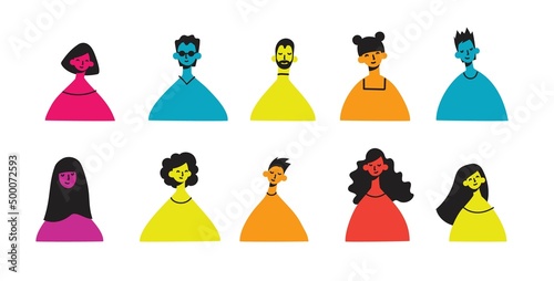 Diverse faces of people set. Human Avatars Collection. Old and young age. Happy emotions. Portrait with a positive facial expression. Men and women, grandparents and girls.