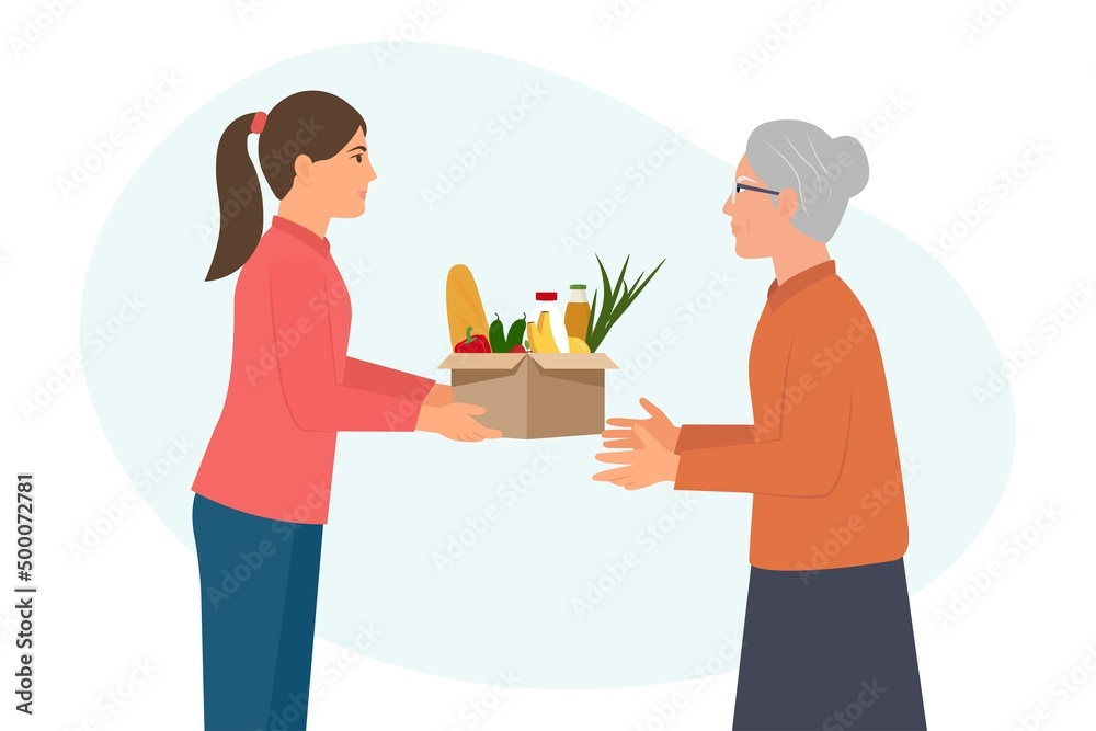 Volunteer holds a box of food. Food donation concept.Humanitarian assistance to poor people.Charity and donation. Cartoon flat vector illustration isolated on white background Volunteer holds a box of food. Food donation concept.Humanitarian assistance to poor people.Charity and donation. Cartoon flat vector illustration isolated on white background