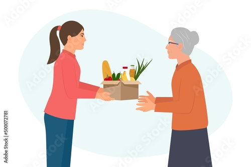 Volunteer holds a  box of food. Food donation concept.Humanitarian assistance to poor people.Charity and donation. Cartoon flat vector illustration isolated on white background