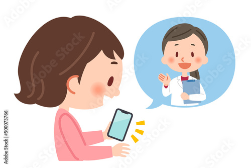 スマホでリモート診療をする医師の女性と患者の女性のイラスト