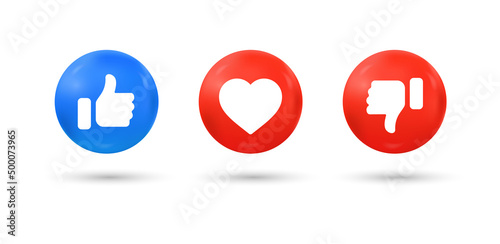 3d social media notification icons , Like love dislike buttons in 3d modern style, Thumb up down and heart icon symbol