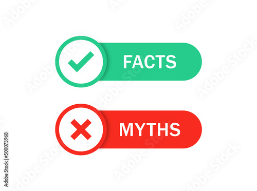 Facts vs myths icons with check mark icon button myths facts label banner with checkmark icon. popup buttons
