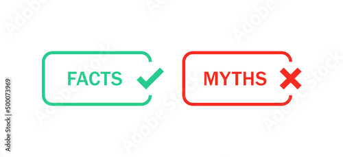 Facts vs myths icons with check mark icon button myths facts label banner with checkmark icon. popup buttons photo