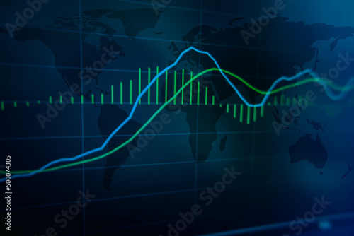 Double exposure of screen laptop stock market graph and blue world map ( Draft from NASA ). Global economy and financial news background concept.