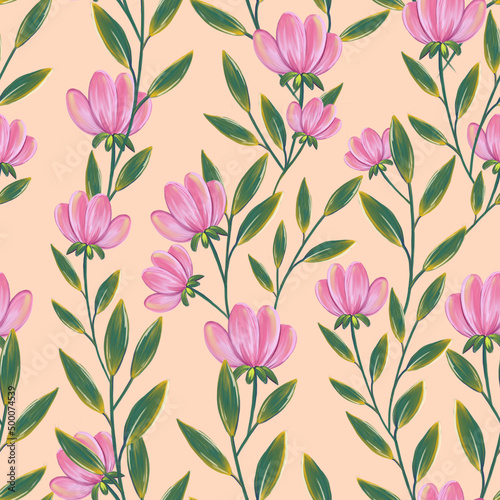 endless seamless pattern with pink flowers on a beige background 