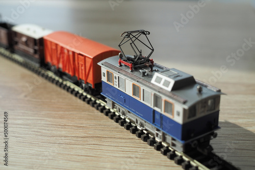 Close-up of model train (N gauge) engine with pantograph mechanism photo