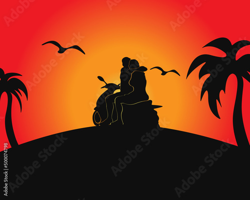 Silhouette of a couple, birds and palm trees. Sunset on an orange background. Couple on a moped.