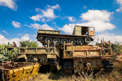 Destroyed War Machines and Tanks rounded by Cactuses on the Tank Graveyard in Asmara, Eritrea