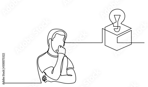 one line drawing of person thinking about idea solving problems finding solutions
