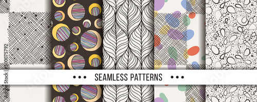 Set of seamless boho patterns with hand-drawn elements texture, abstraction illustration of black silhouette on white background